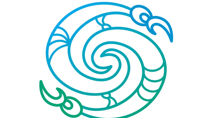 A stylised, circular spiral design featuring two intertwined eel-like creatures, depicted in gradient blue and green lines, forming a symmetrical and flowing pattern.
