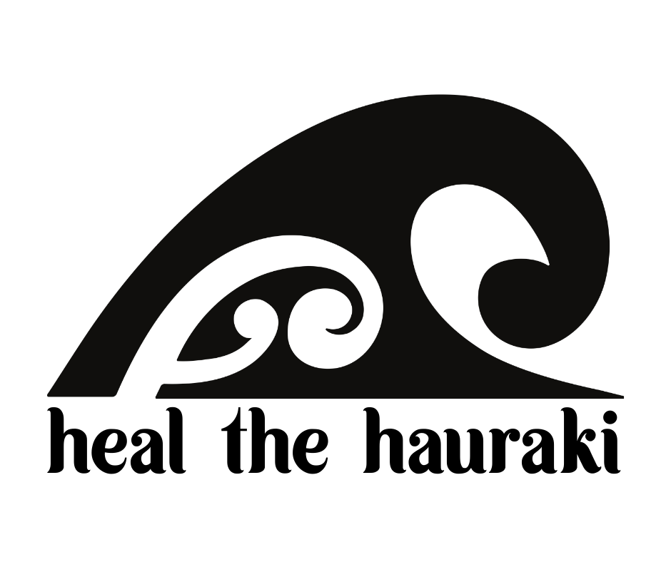 A black logo with the text Heal the Hauraki beneath a stylised wave that incorporates Māori koru design.