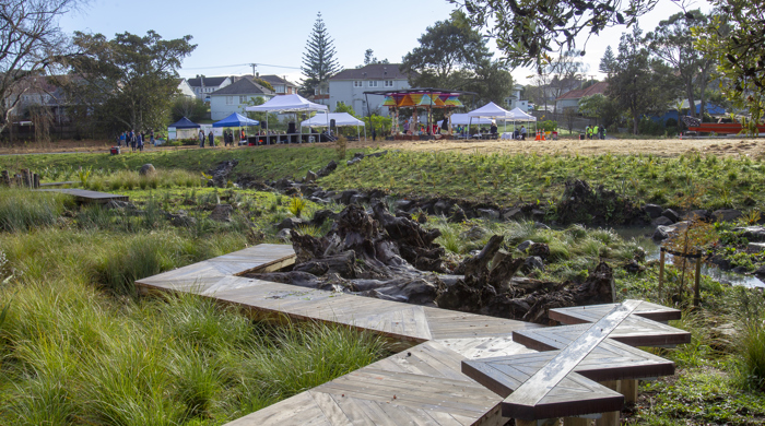 An intricately designed raised wooden footpath and complementary wooden seat sit amongst new native plantings alongside the waterway.