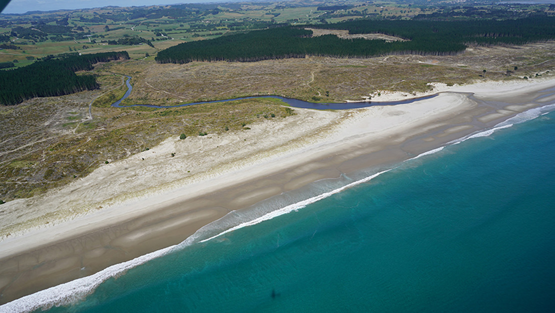 Dunes and Poutawa stream at Te Ārai Beach. 