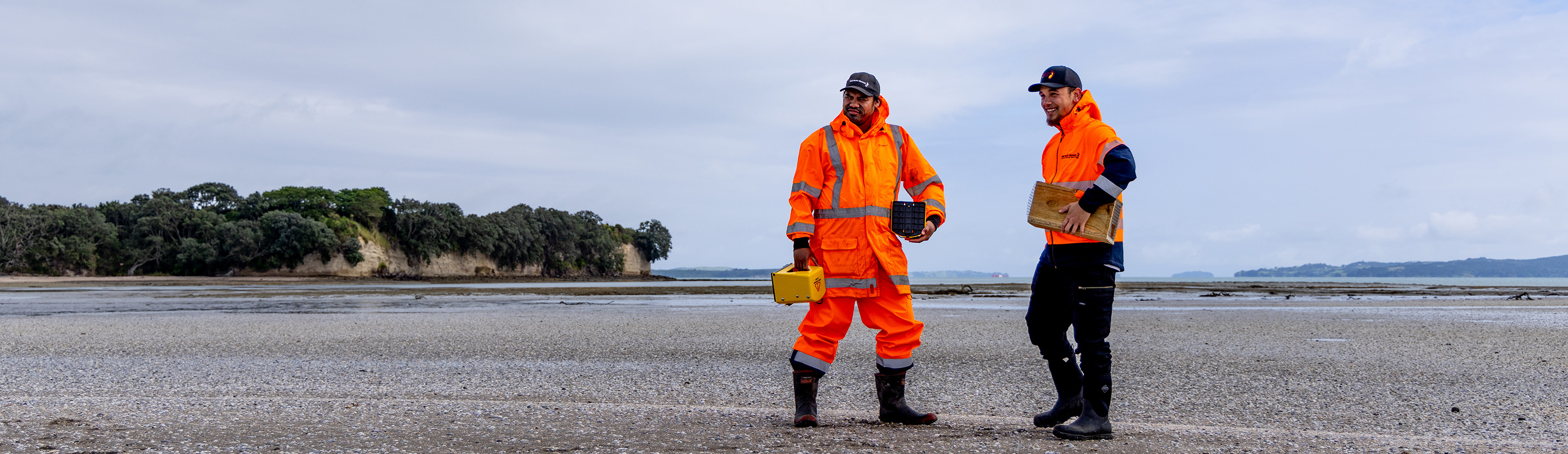 Two men from the iwi Ngāi Tai kī Tāmaki are standing on the beach, on the coast of Beachlands in Auckland at low tide. They wear high visibility wet weather gear and gumboots. One is holding a yellow possum trap and the other has a wooden box containing an animal trap. They are going to do conservation work on nearby Motukaraka Island which is accessible on foot at low tide. Cliff-top native bush, the sea and islands are in the background.