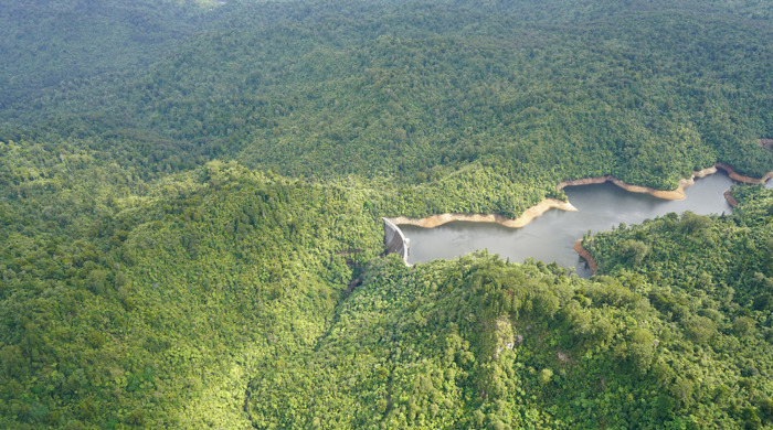 Upper Nihotupu Dam and resevoir surrounded by forests. 