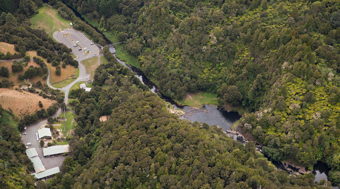 Aerial view of downstream area of Hunua falls. 